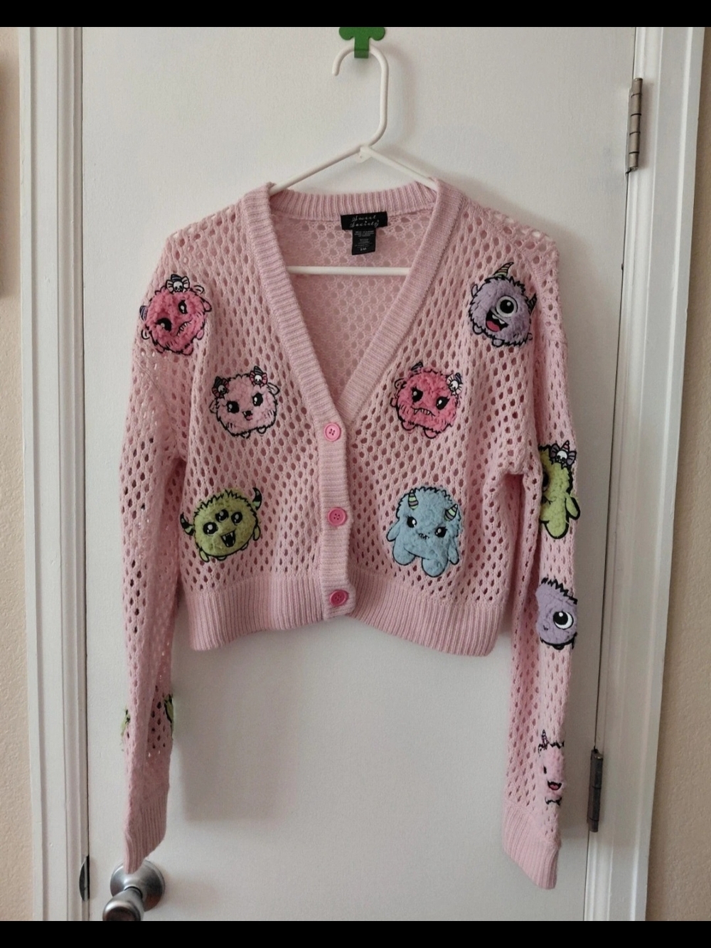 Sweet Society Pink Fuzzy Monsters Open Knit Cardigan Sweater Women's Size Small